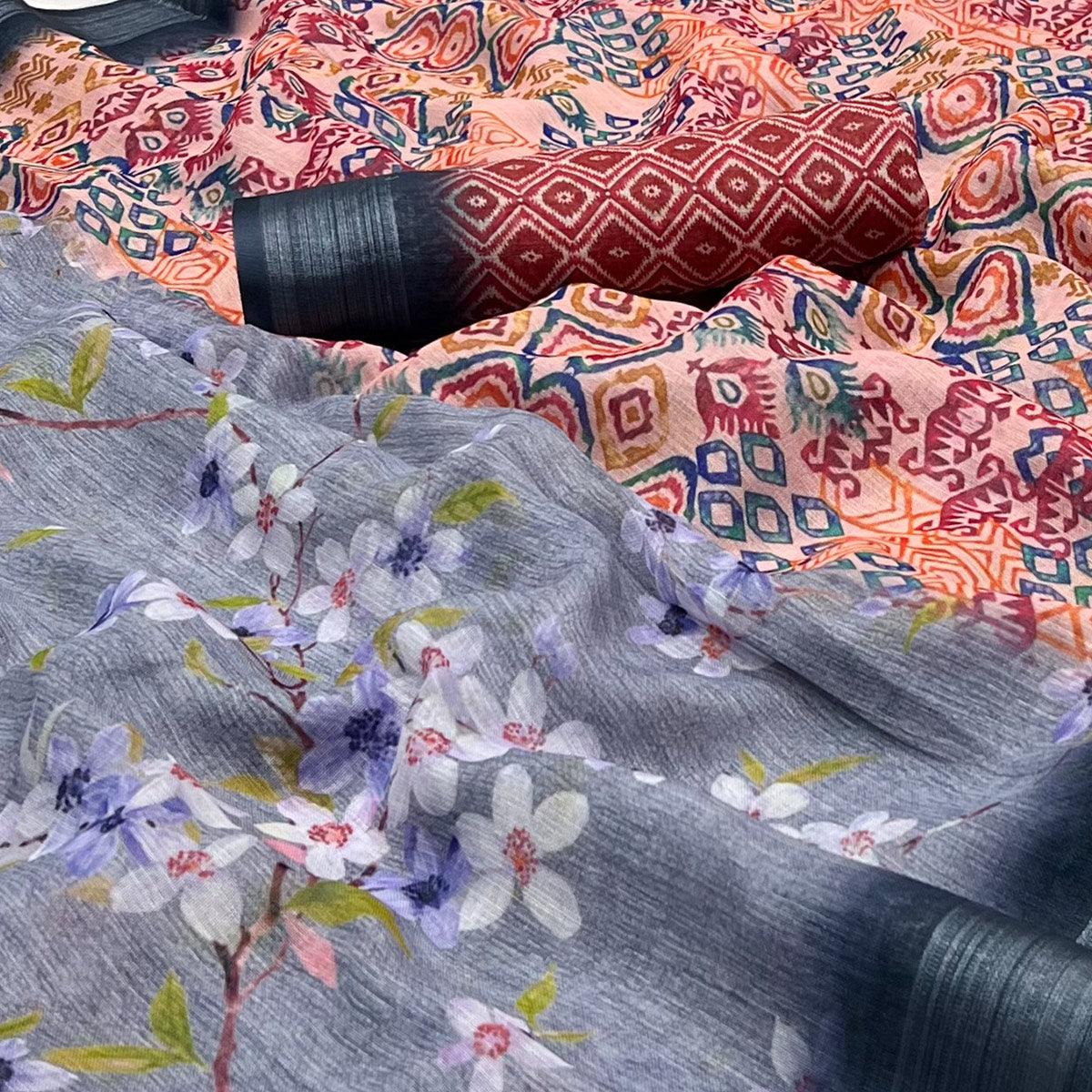 Blue Digital Printed Linen Saree - Peachmode