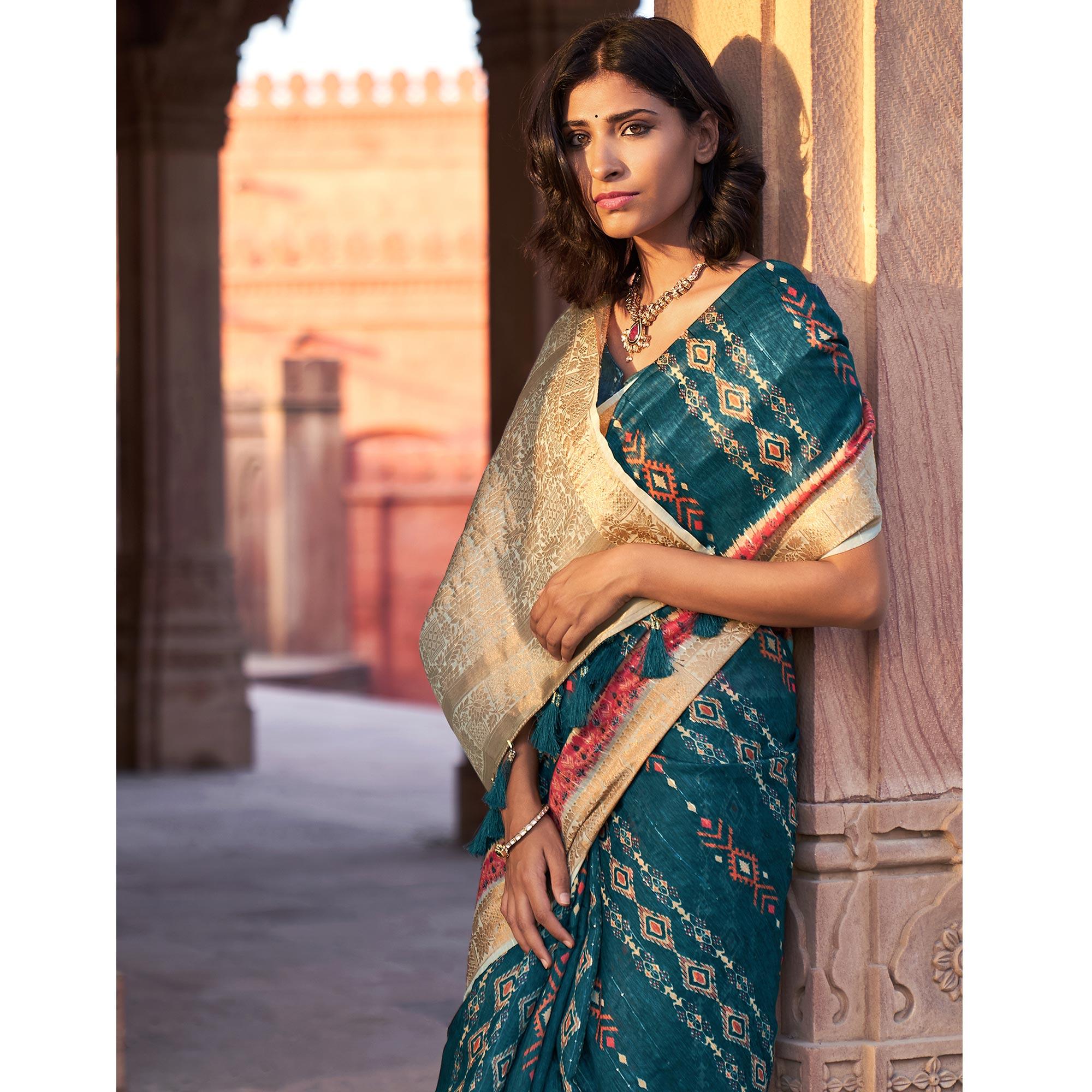 Blue Digital Printed Linen Saree - Peachmode
