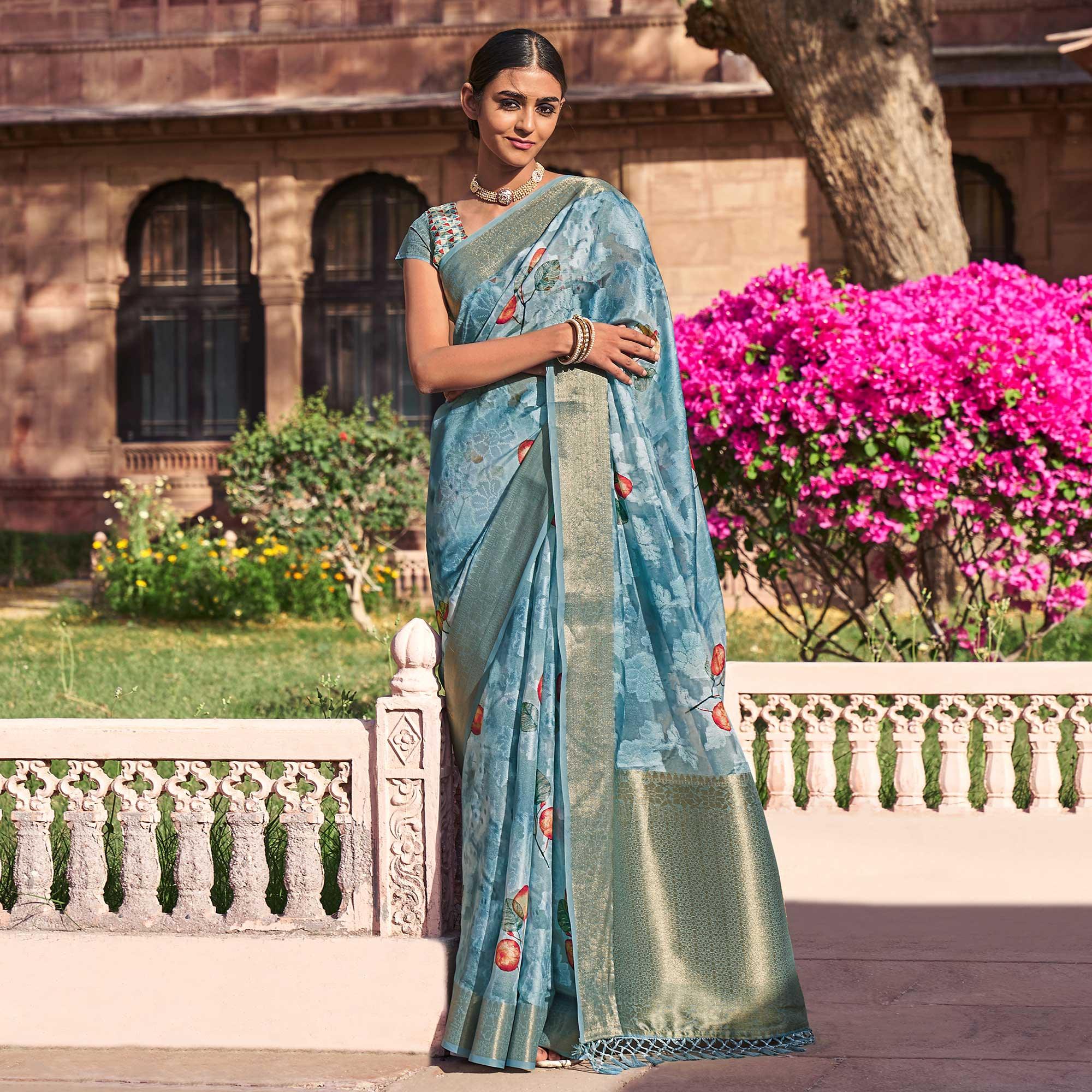 Blue Digital Printed Poly Cotton Saree - Peachmode