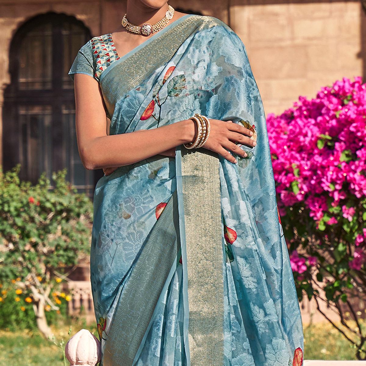 Blue Digital Printed Poly Cotton Saree - Peachmode