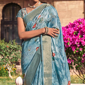 Blue Digital Printed Poly Cotton Saree - Peachmode