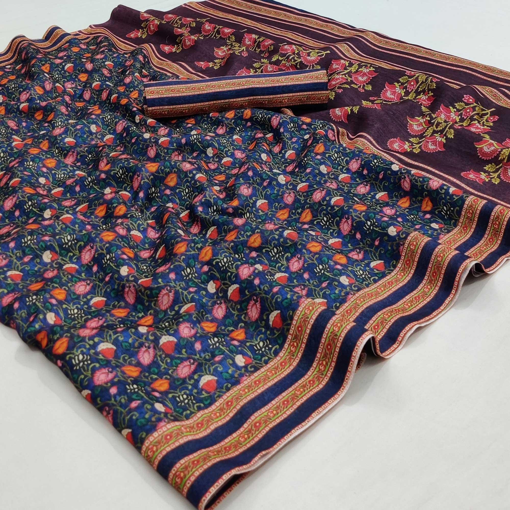 Blue Digital Printed Pure Cotton Saree - Peachmode