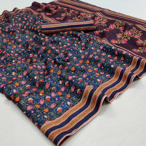 Blue Digital Printed Pure Cotton Saree - Peachmode