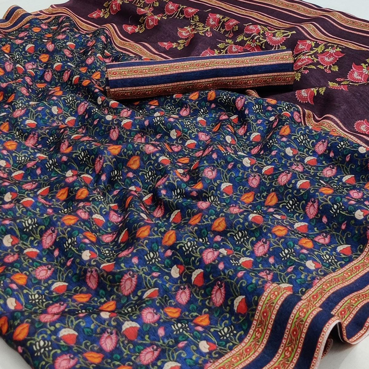 Blue Digital Printed Pure Cotton Saree - Peachmode