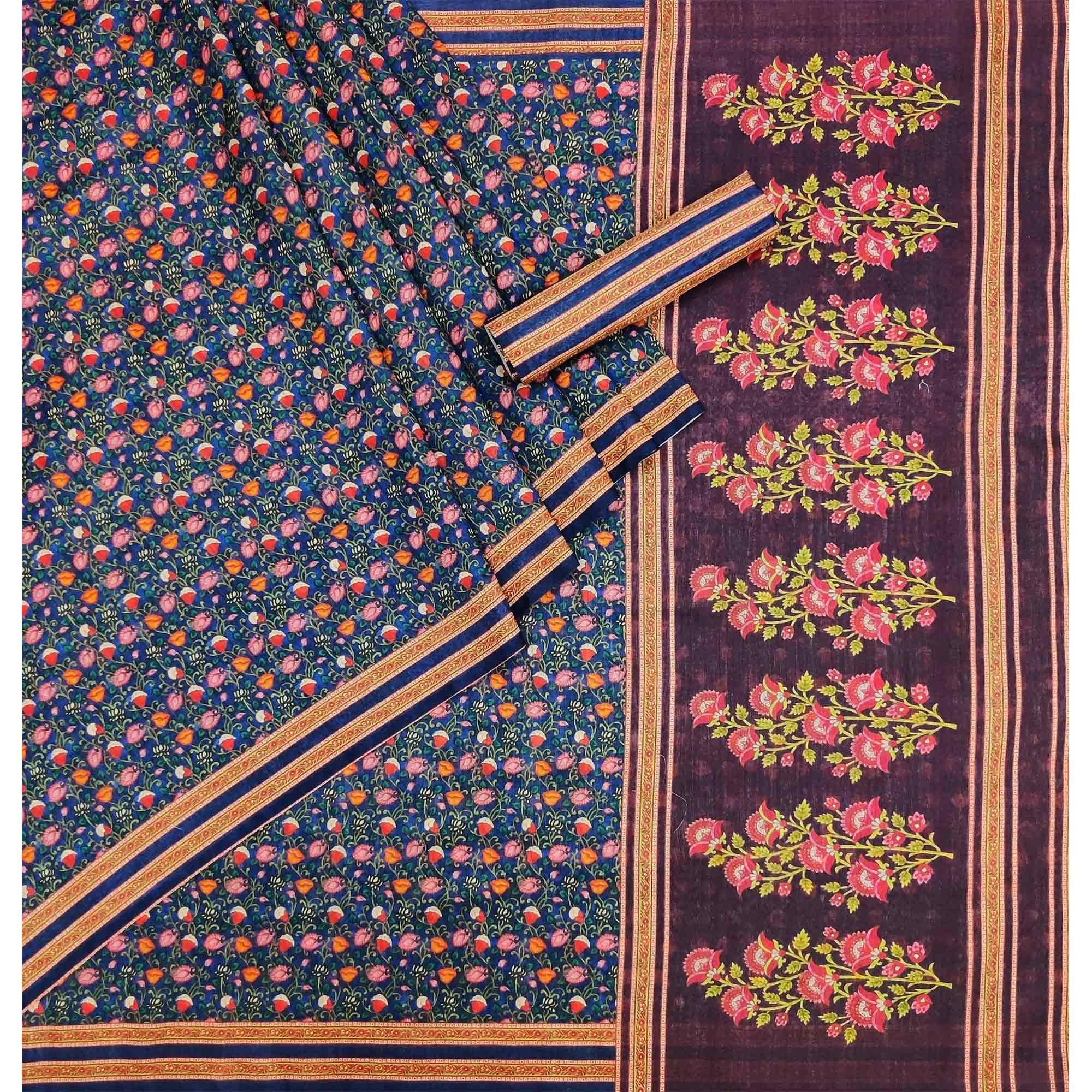 Blue Digital Printed Pure Cotton Saree - Peachmode