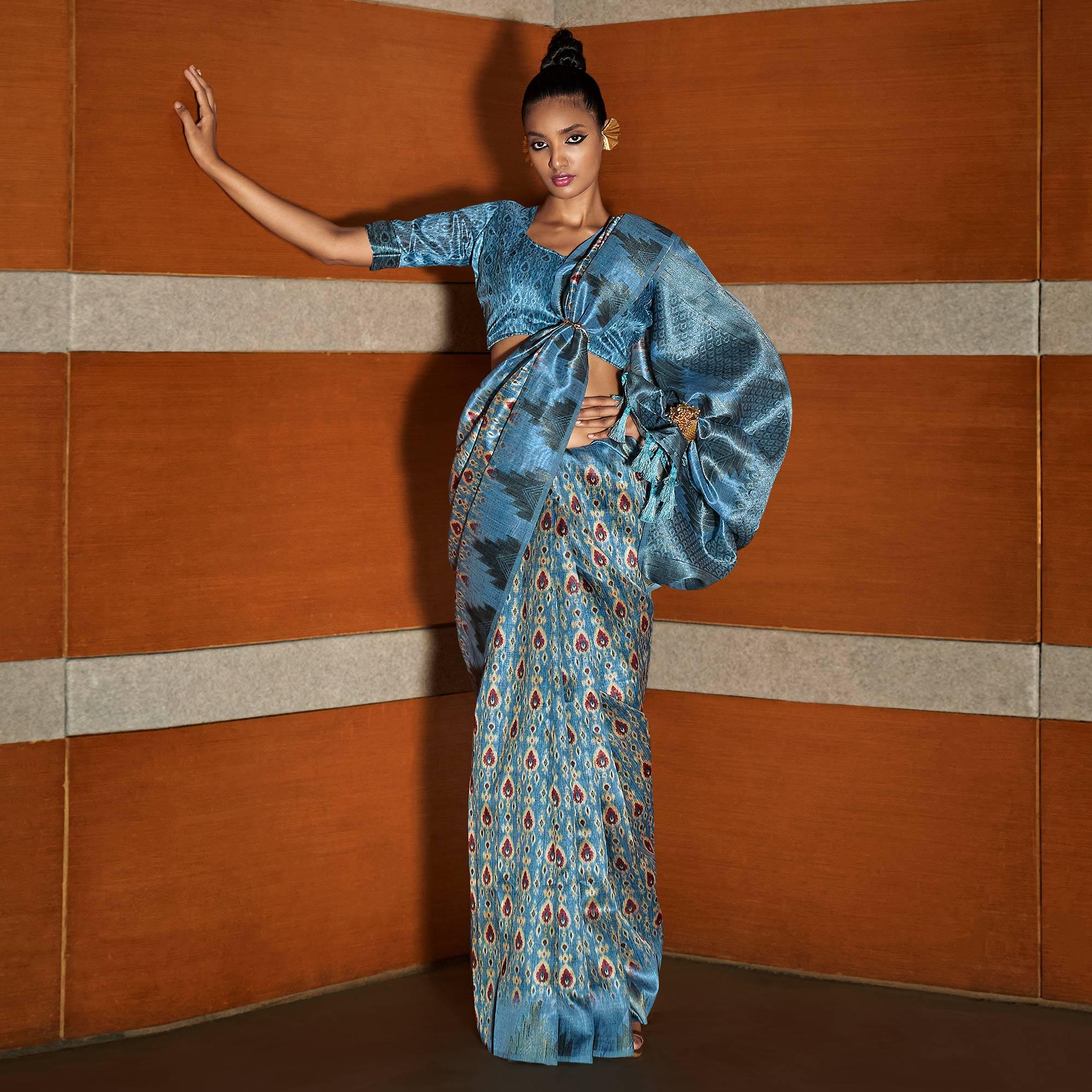 Blue digital Printed Raw Silk Saree With Tassels - Peachmode