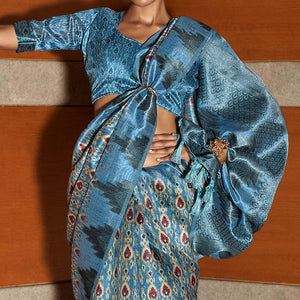 Blue digital Printed Raw Silk Saree With Tassels - Peachmode
