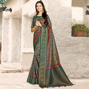 Blue Digital Printed Tussar Silk Saree With Tassels - Peachmode