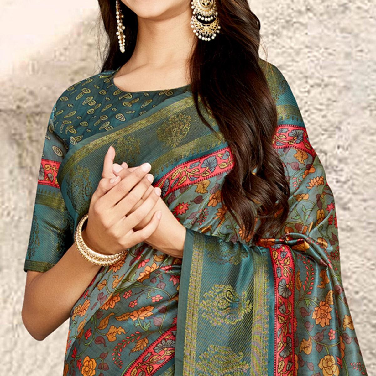 Blue Digital Printed Tussar Silk Saree With Tassels - Peachmode