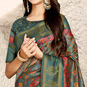 Blue Digital Printed Tussar Silk Saree With Tassels - Peachmode