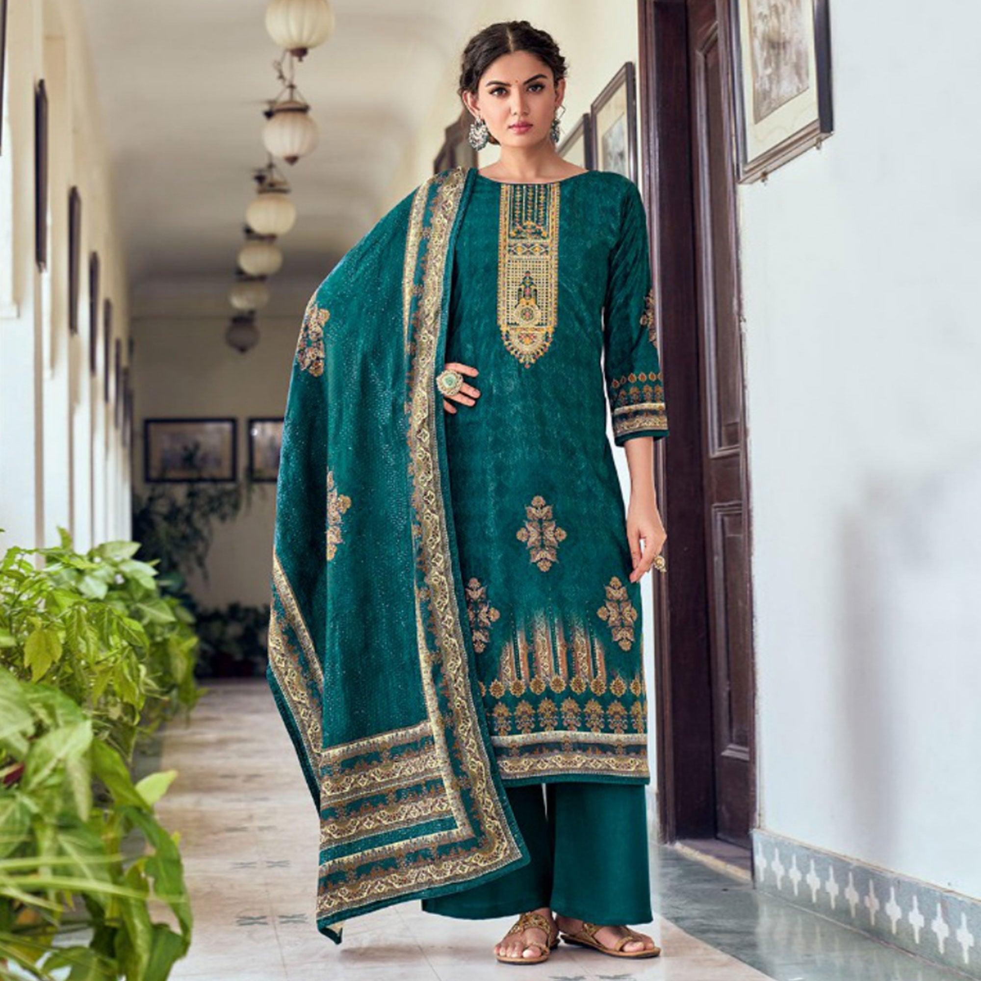 Blue Digital Printed With Embroidered Velvet Palazzo Suit - Peachmode