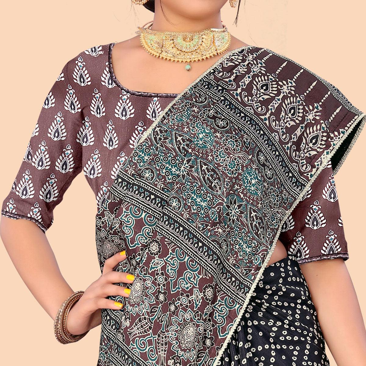 Blue Digital Printed With Fancy Border Chiffon Saree - Peachmode