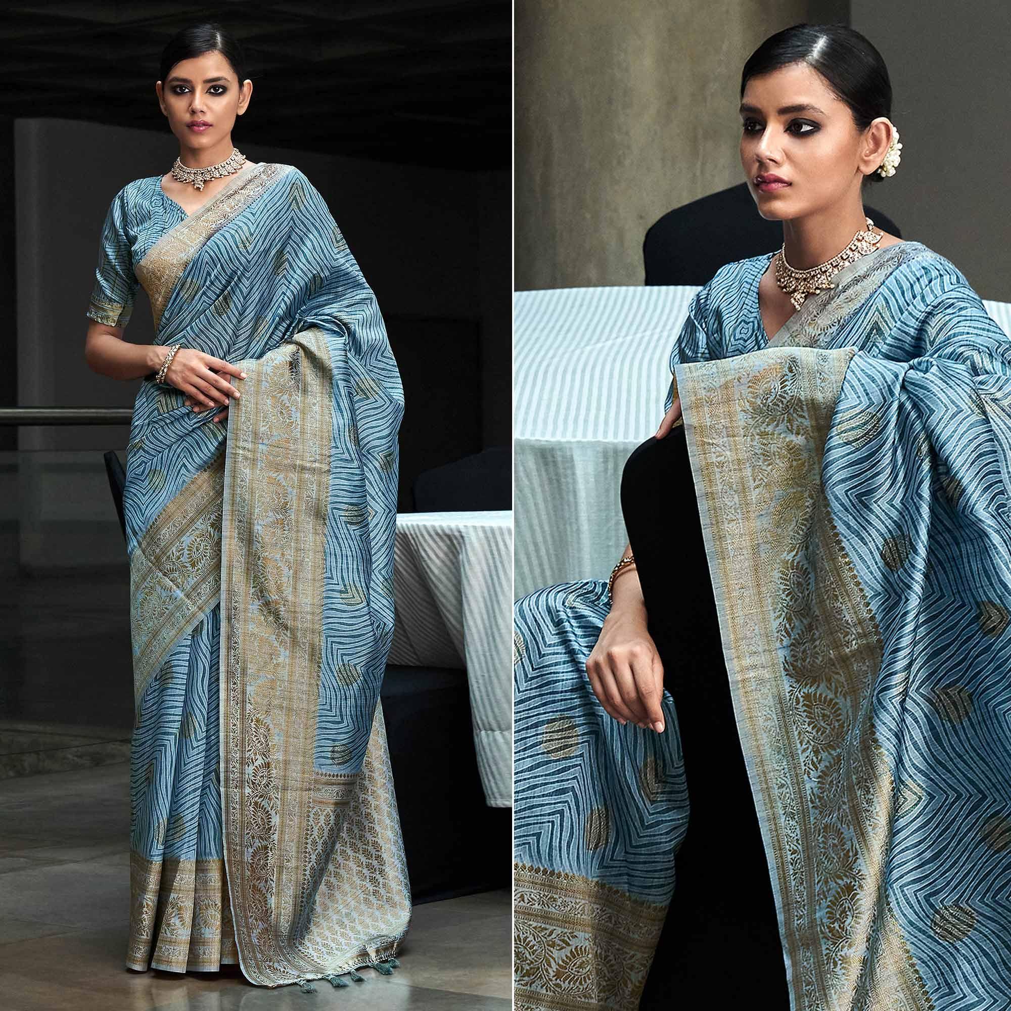 Blue Digital Printed With Woven Border Art Silk Saree - Peachmode