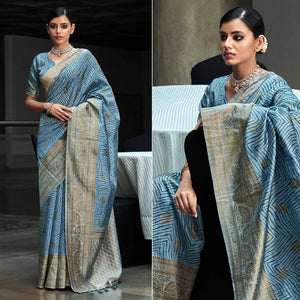 Blue Digital Printed With Woven Border Art Silk Saree - Peachmode