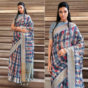 Blue Digital Printed-Woven Art Silk Saree With Tassels - Peachmode