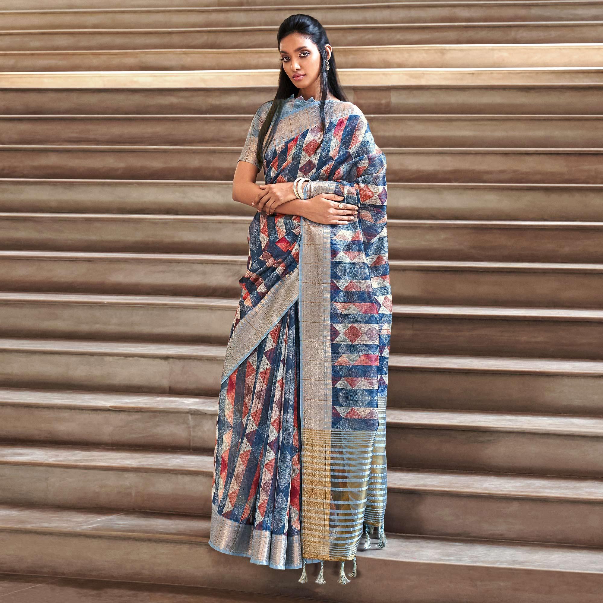 Blue Digital Printed-Woven Art Silk Saree With Tassels - Peachmode