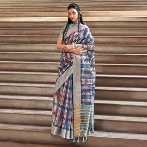 Blue Digital Printed-Woven Art Silk Saree With Tassels - Peachmode