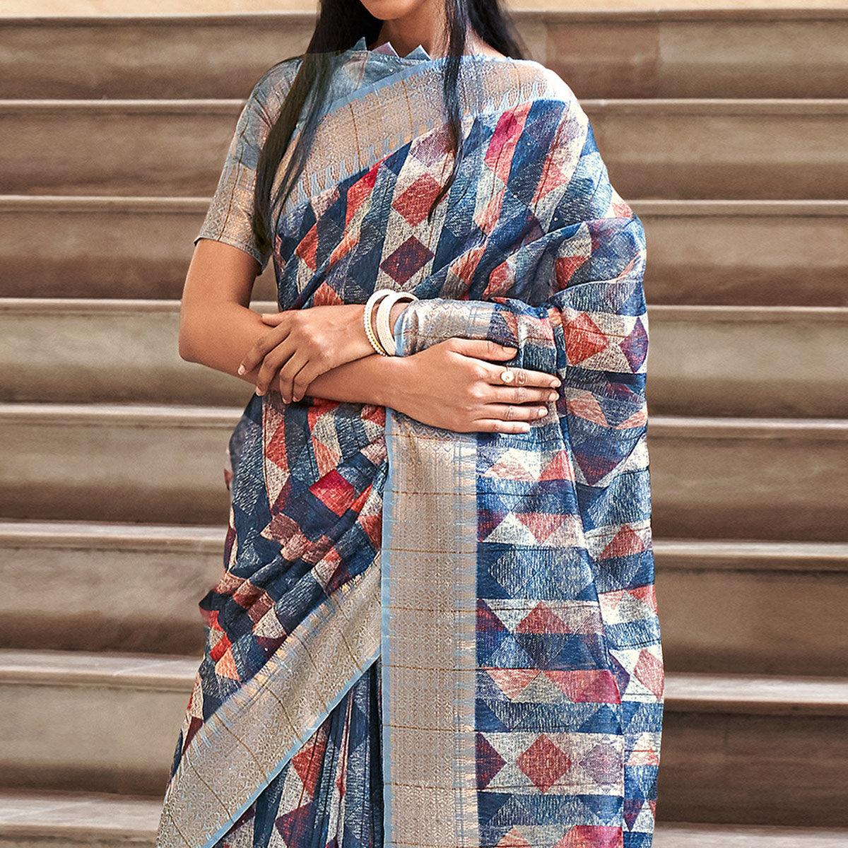 Blue Digital Printed-Woven Art Silk Saree With Tassels - Peachmode