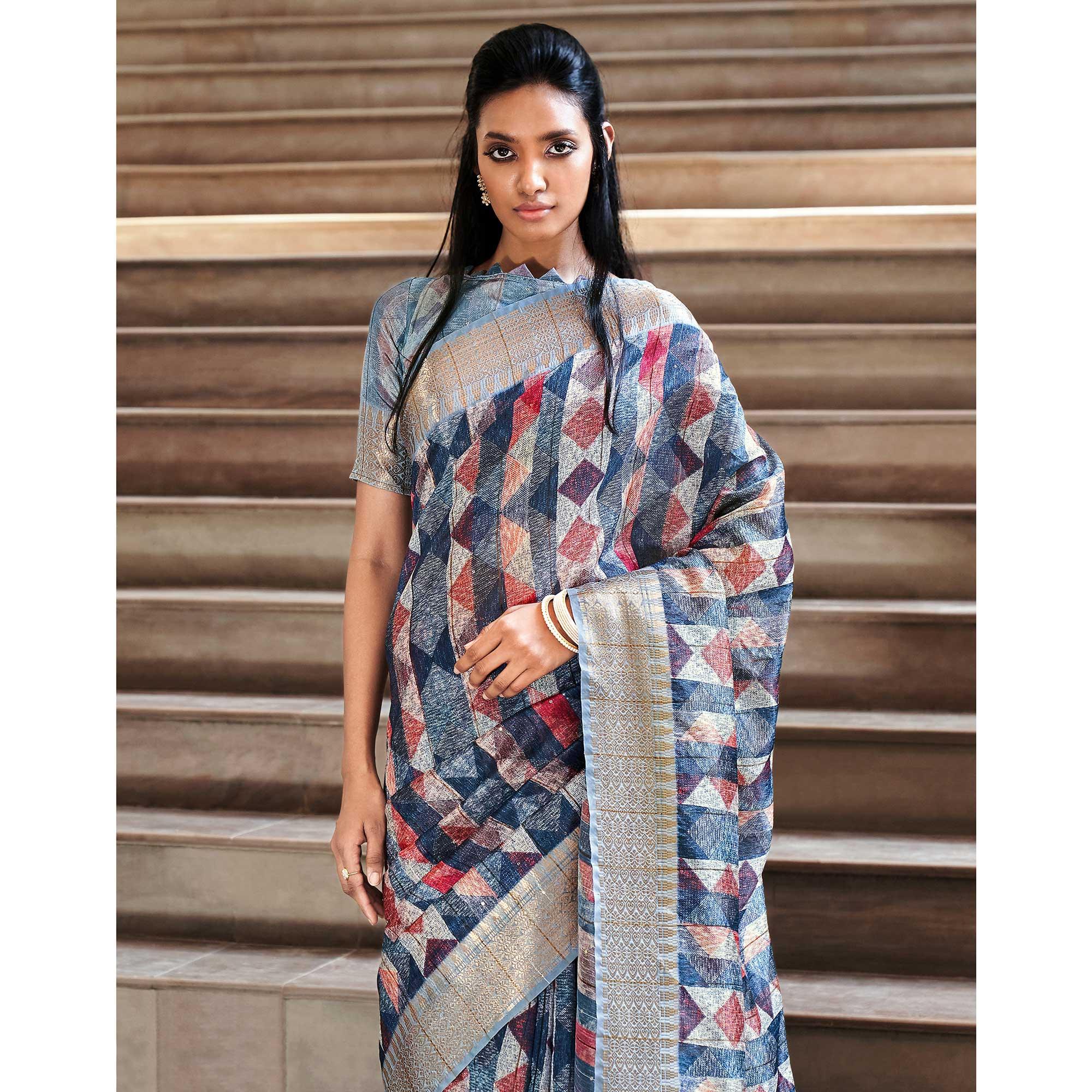 Blue Digital Printed-Woven Art Silk Saree With Tassels - Peachmode