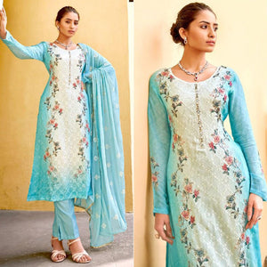 Blue Embellished & Embroidered Chiffon Partywear Suit - Peachmode