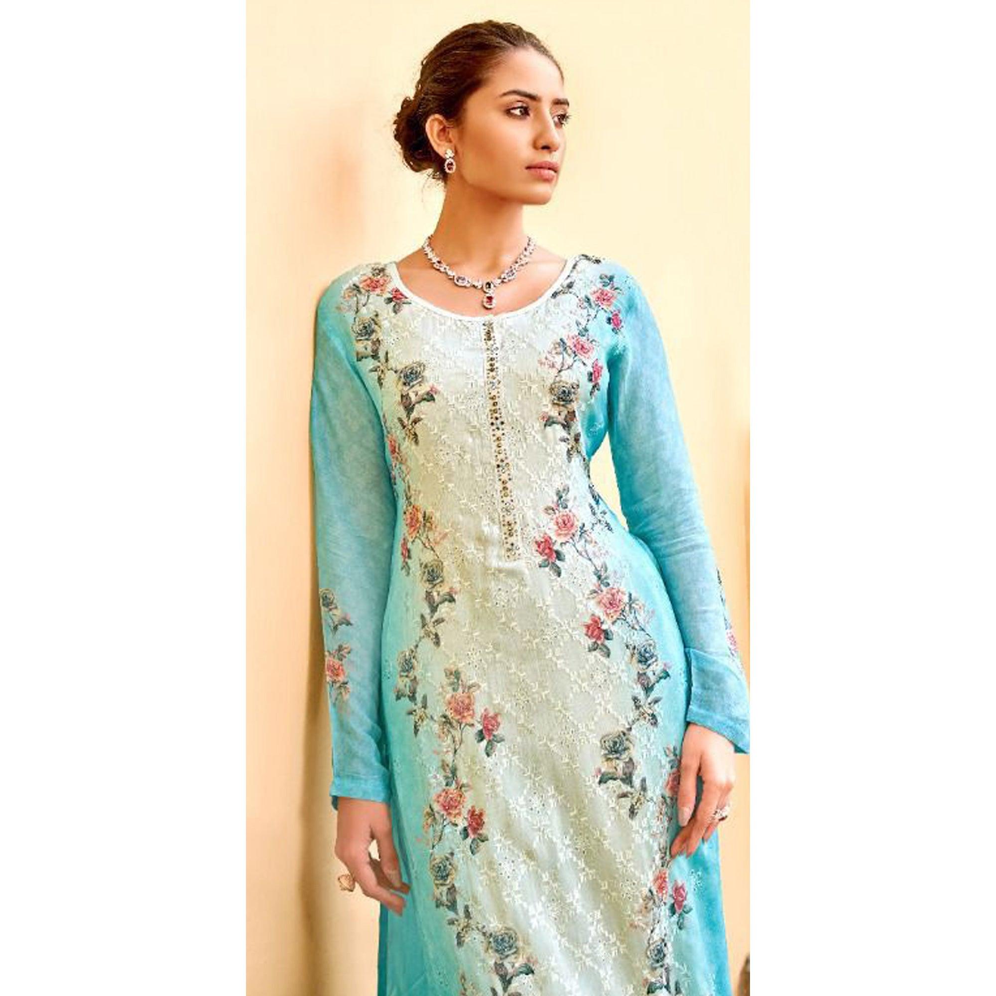 Blue Embellished & Embroidered Chiffon Partywear Suit - Peachmode