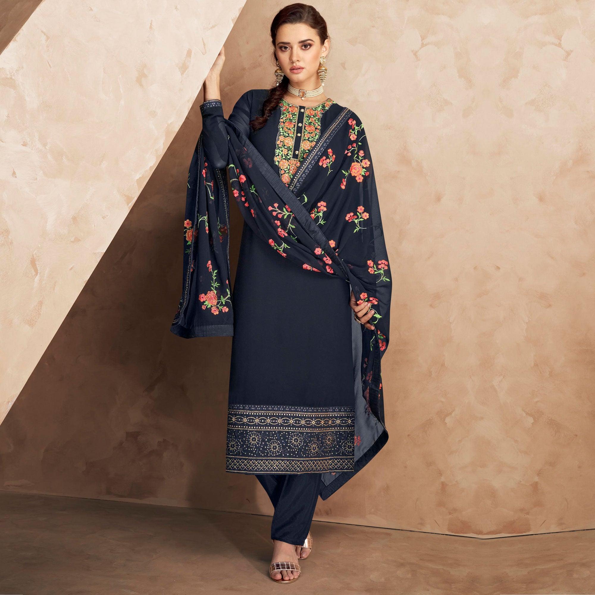 Blue Embellished Partywear Embroidered Heavy Faux Georgette Suit - Peachmode