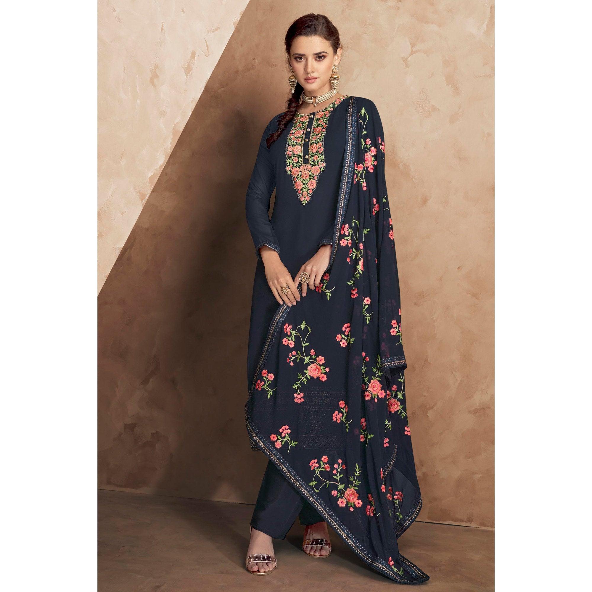 Blue Embellished Partywear Embroidered Heavy Faux Georgette Suit - Peachmode