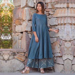 Blue Embellished Rayon Kurti-Palazzo Set - Peachmode