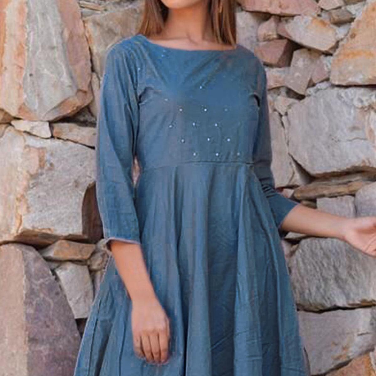 Blue Embellished Rayon Kurti-Palazzo Set - Peachmode