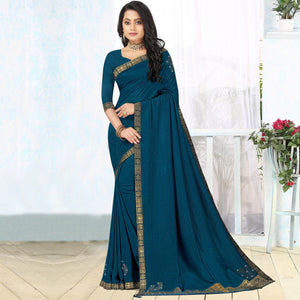 Blue Embellished Vichitra Silk Saree - Peachmode