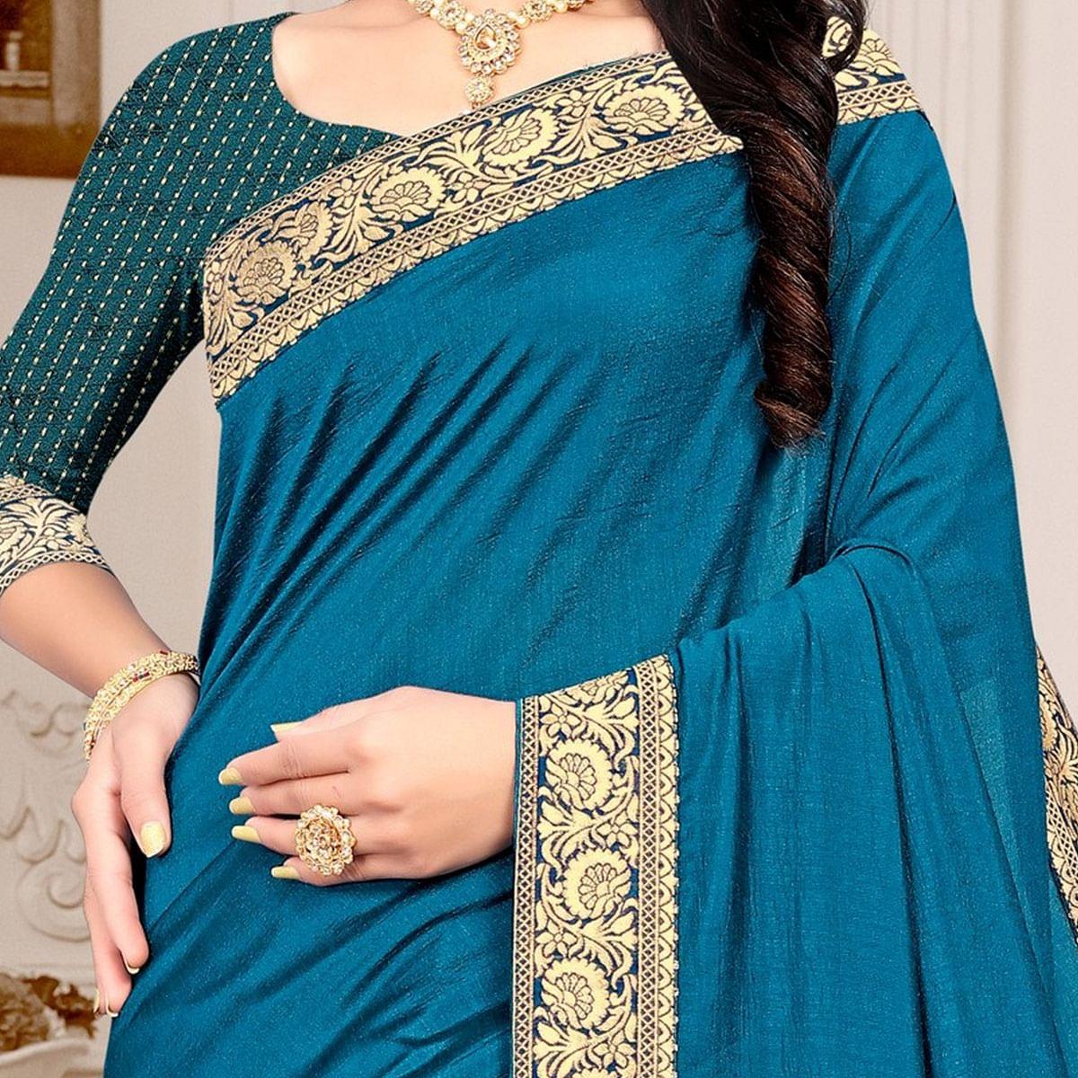 Blue Embellished Vichitra Silk Saree - Peachmode