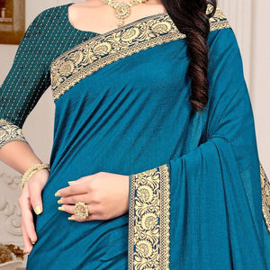 Blue Embellished Vichitra Silk Saree - Peachmode