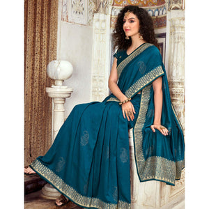 Blue Embellished Vichitra Silk Saree - Peachmode