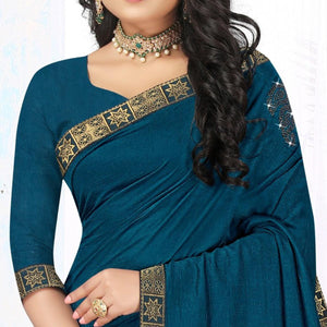 Blue Embellished Vichitra Silk Saree - Peachmode