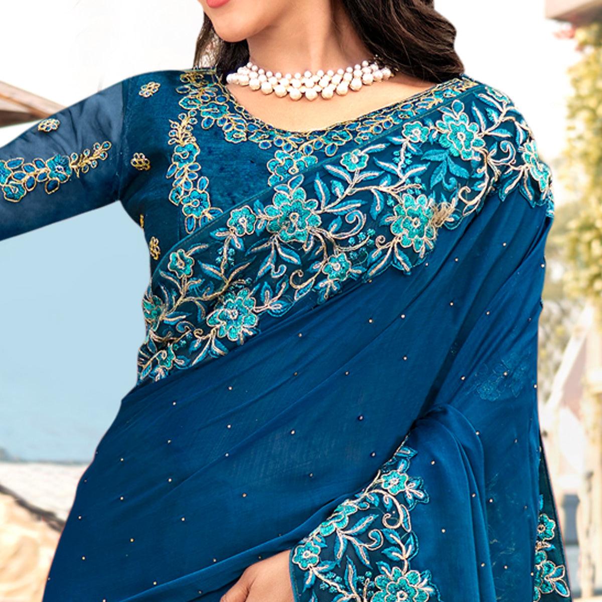 Blue Embellished With Embroidered Chiffon Saree - Peachmode