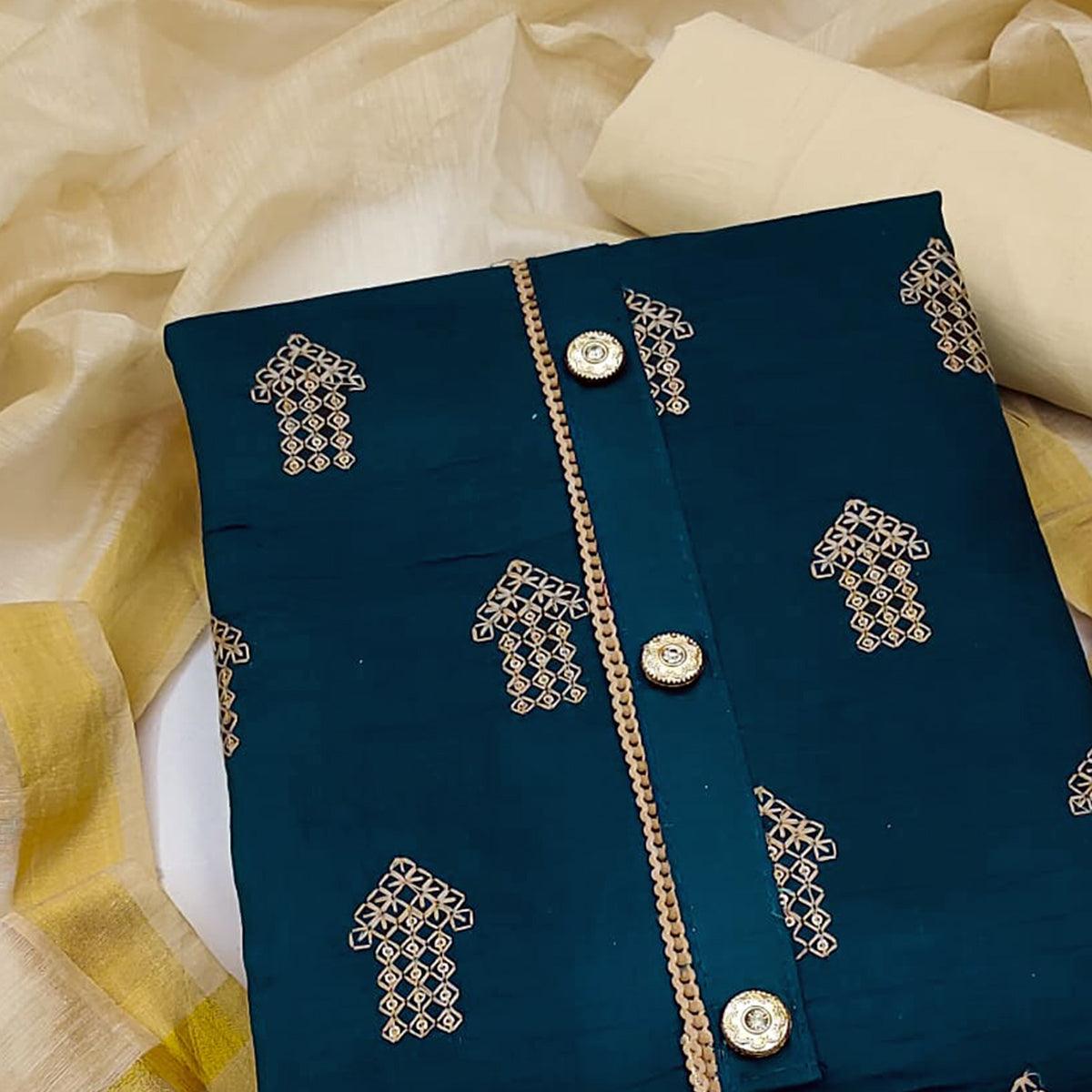 Blue Embellished With Embroidered Cotton Blend Dress Material - Peachmode