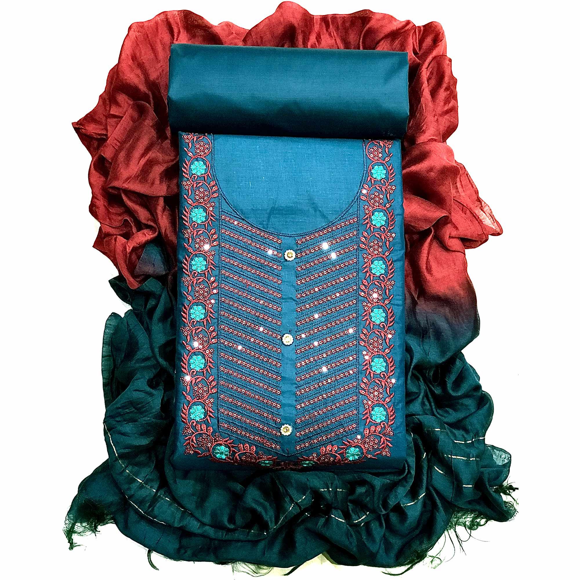 Blue Embellished With Embroidered Cotton Blend Dress Material - Peachmode