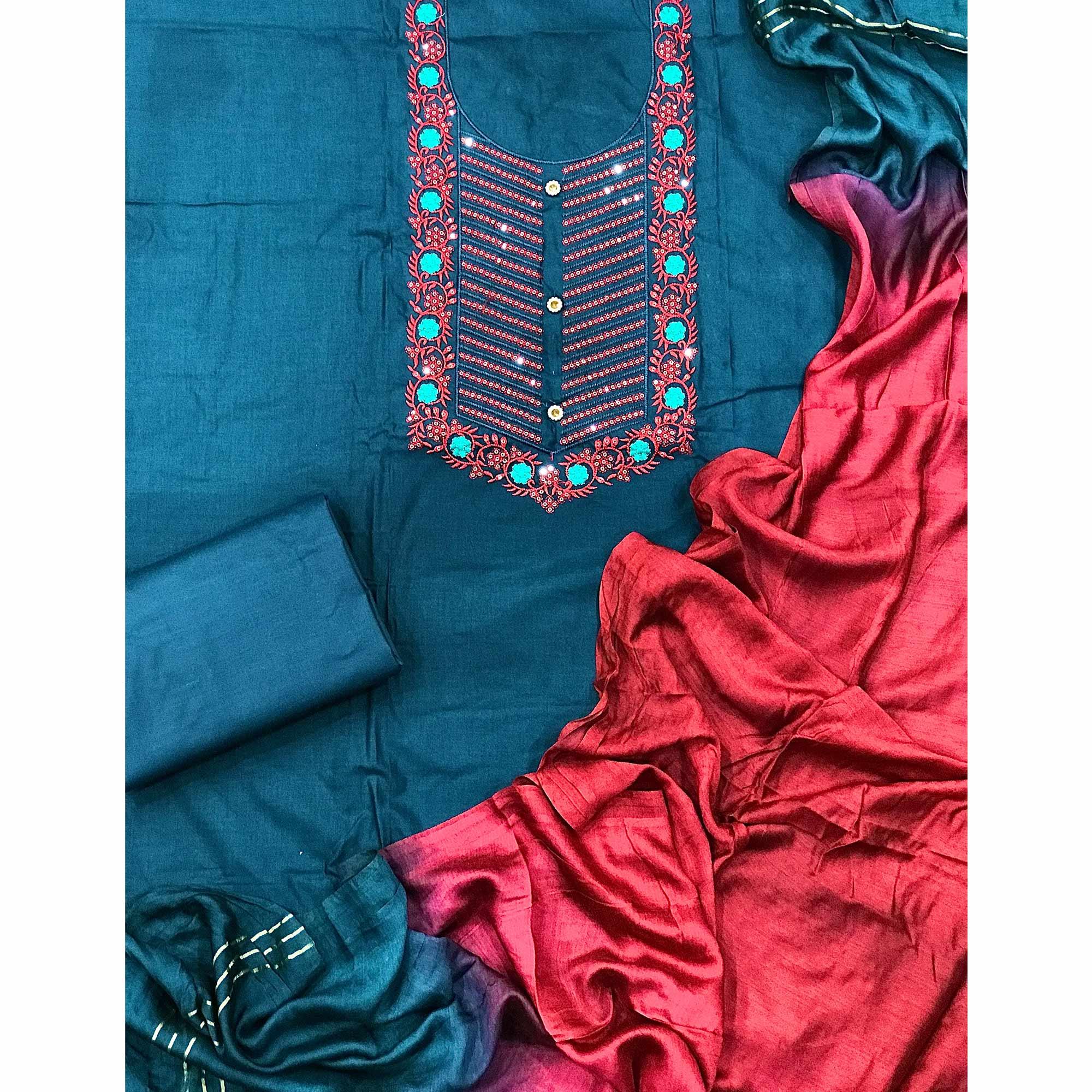 Blue Embellished With Embroidered Cotton Blend Dress Material - Peachmode