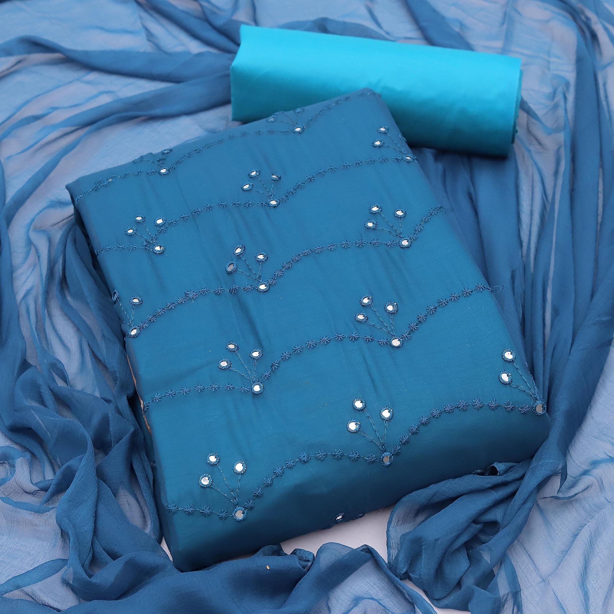 Blue Embellished With Embroidered Georgette Dress Material - Peachmode