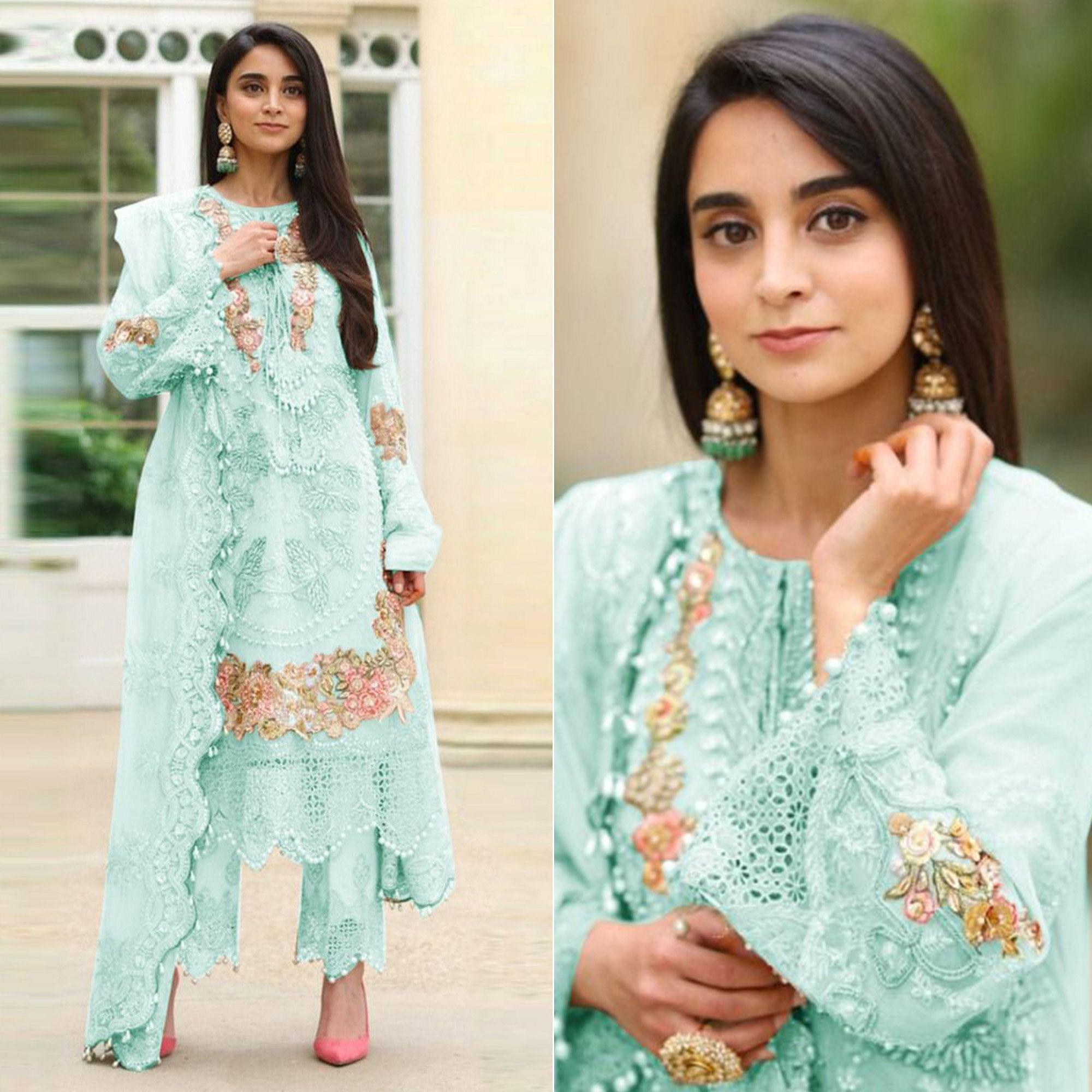 Blue Embellished With Embroidered Georgette Pakistani Suit - Peachmode