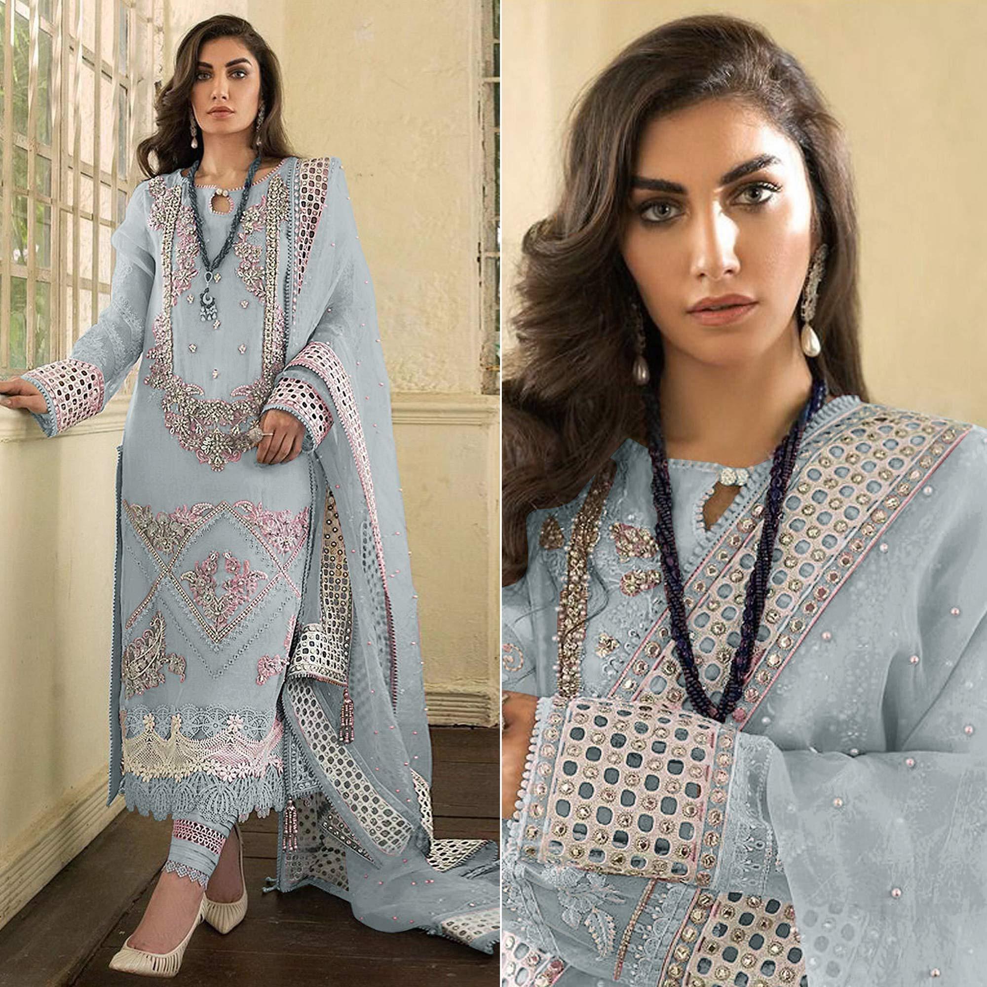 Blue Embellished With Embroidered Georgette Pakistani Suit - Peachmode