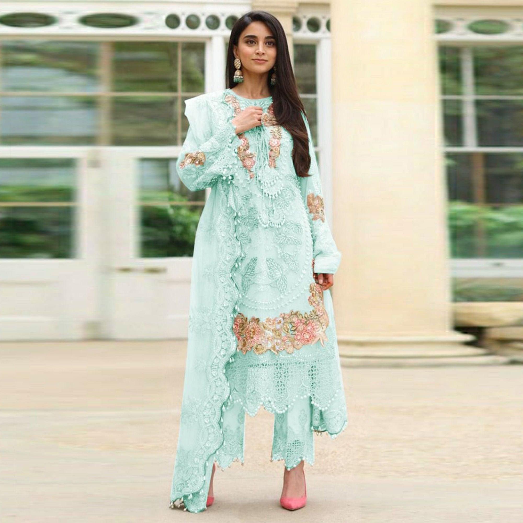 Blue Embellished With Embroidered Georgette Pakistani Suit - Peachmode