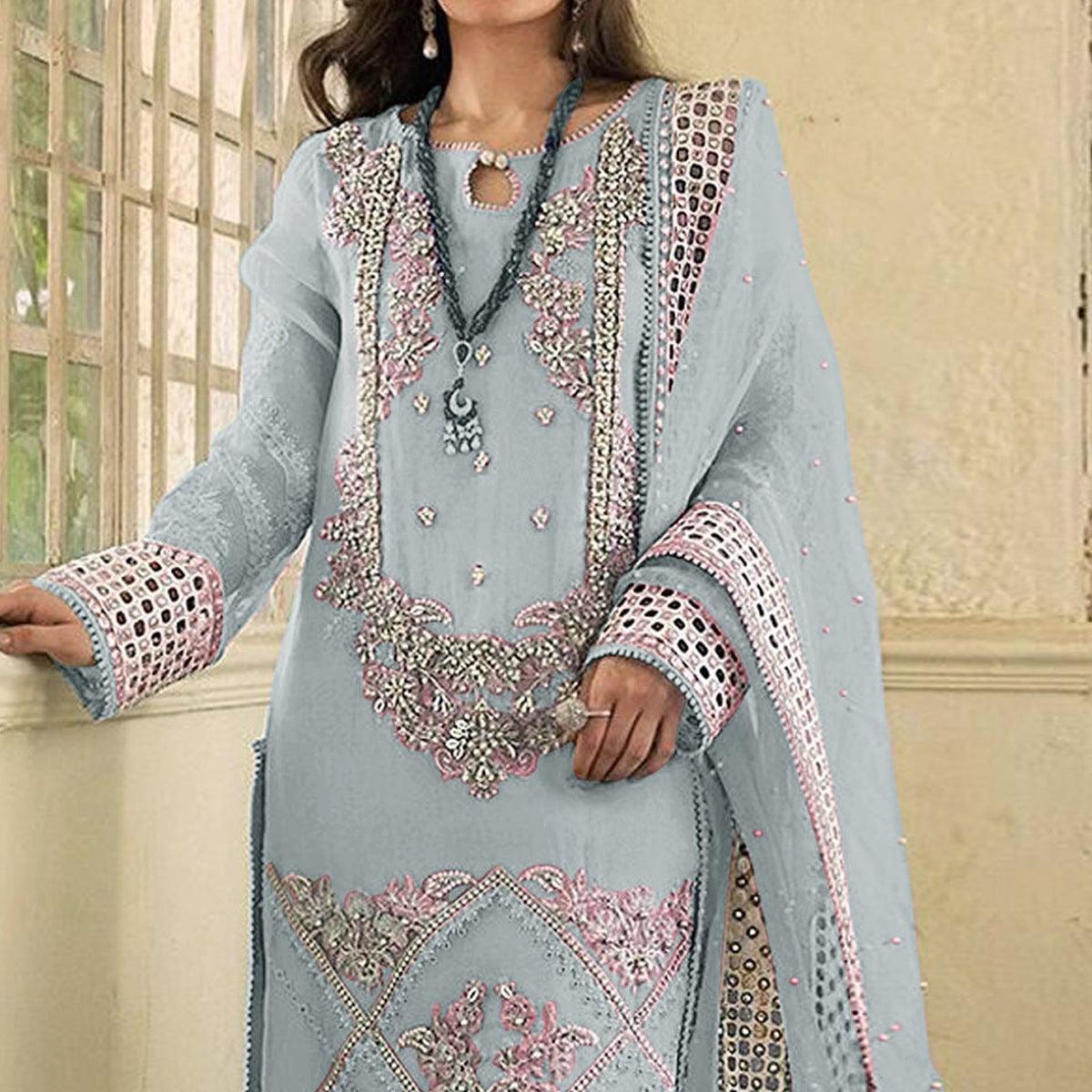 Blue Embellished With Embroidered Georgette Pakistani Suit - Peachmode