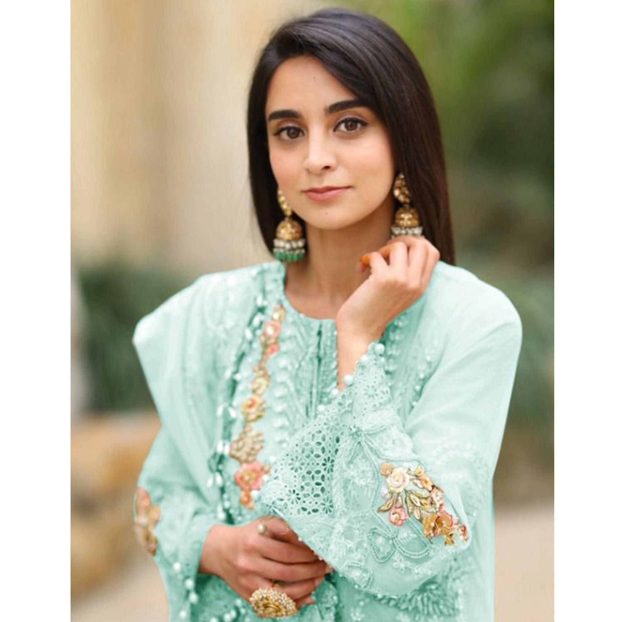 Blue Embellished With Embroidered Georgette Pakistani Suit - Peachmode
