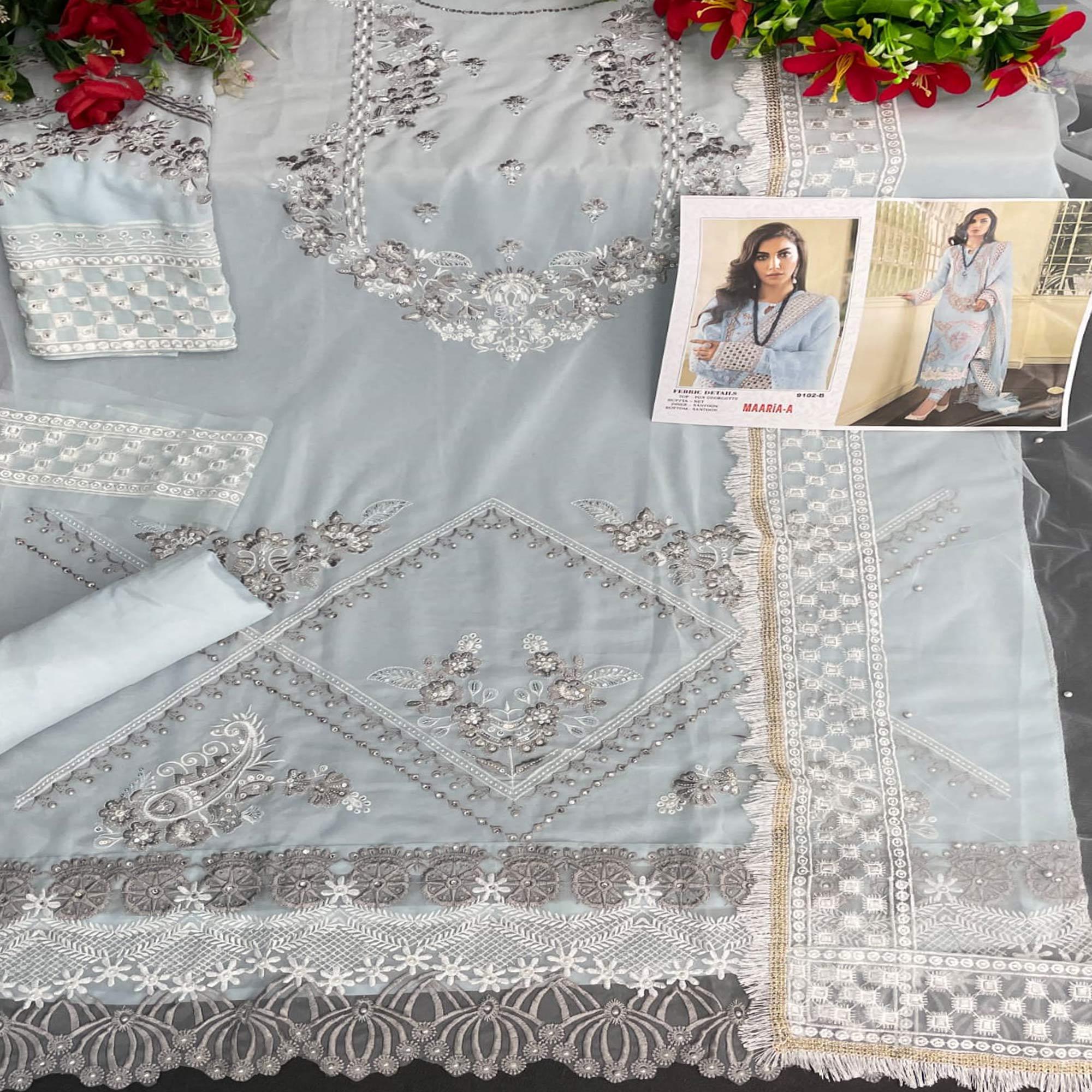 Blue Embellished With Embroidered Georgette Pakistani Suit - Peachmode