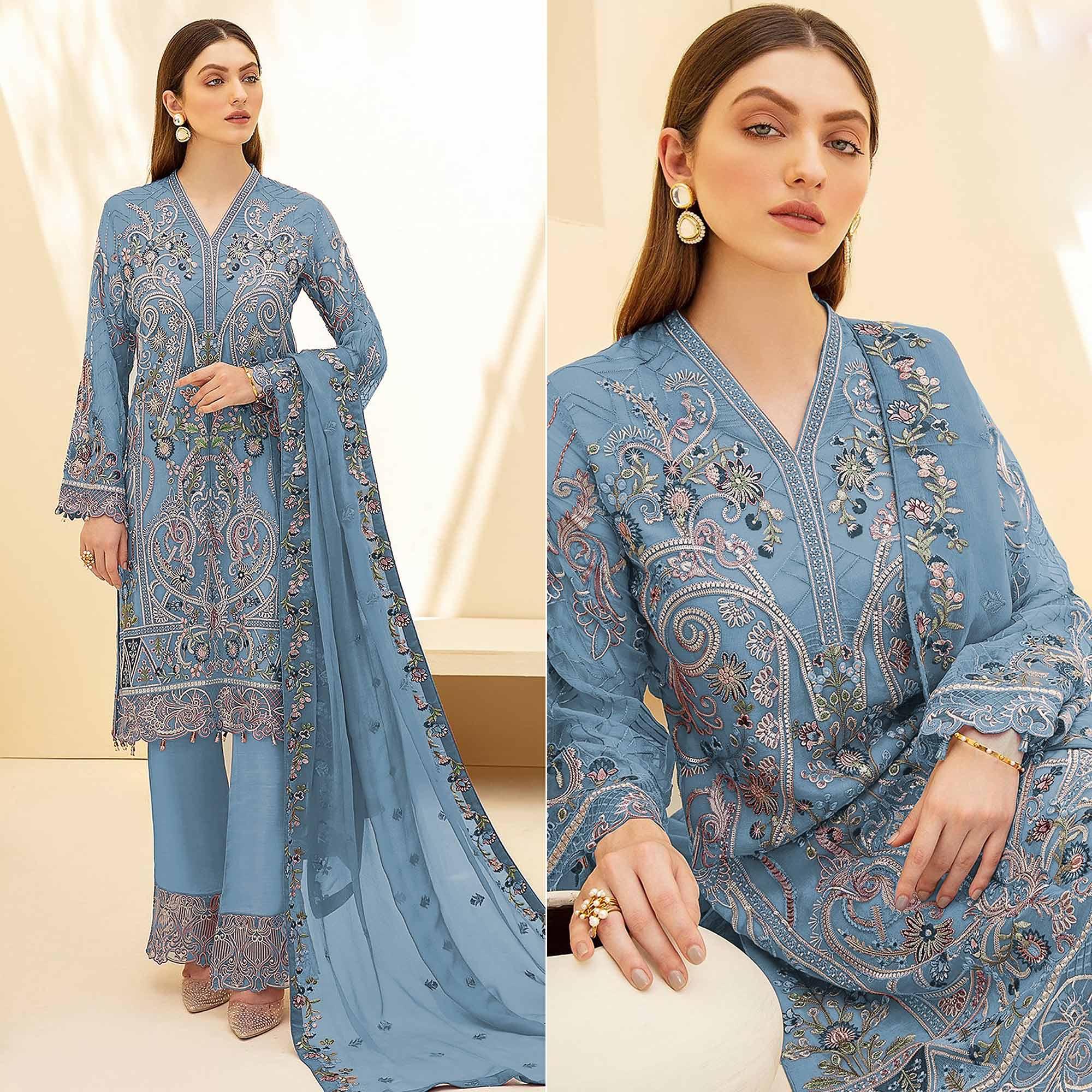 Blue Embellished With Embroidered Georgette Palazzo Suit - Peachmode
