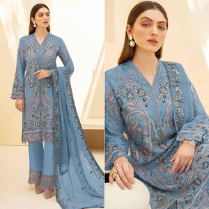 Blue Embellished With Embroidered Georgette Palazzo Suit - Peachmode
