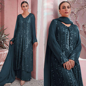 Blue Embellished With Embroidered Georgette Palazzo Suit - Peachmode