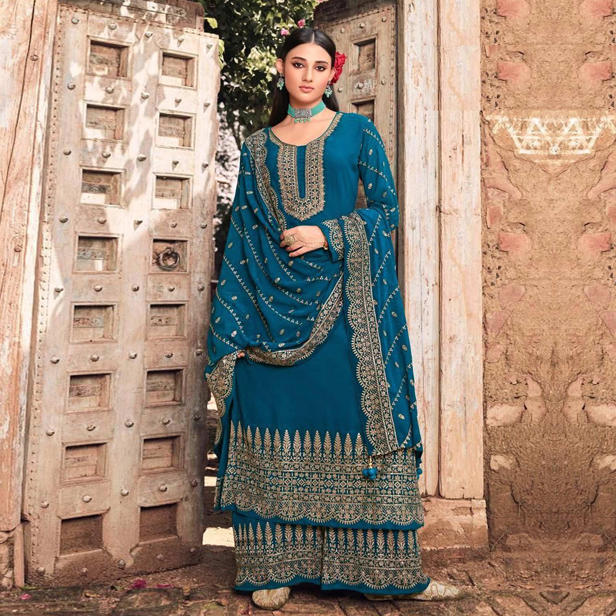 Blue Embellished With Embroidered Georgette Palazzo Suit - Peachmode
