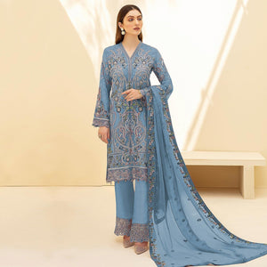 Blue Embellished With Embroidered Georgette Palazzo Suit - Peachmode